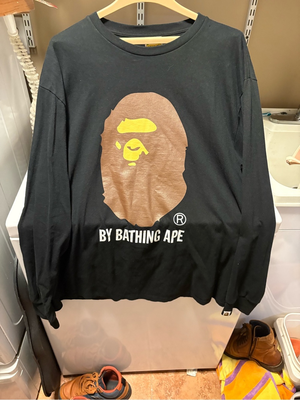 Bape Black Long Sleeve Tee with Brown & Yellow Ape Head Logo